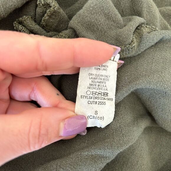 ee: some 100% Linen Olive Green Ruffle Flounce Sleeve Blouse Sz S - Picture 5 of 12